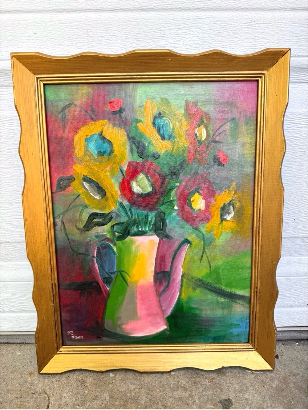Original Oil Painting Abstract Floral Flowers in Vase MCM Colorful Framed Signed
